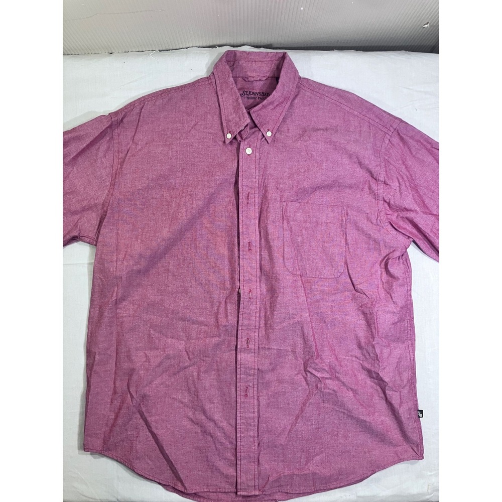 St Johns Bay Mens Large Burgundy Short Sleeve Button Down Cotton Shirt Pocket